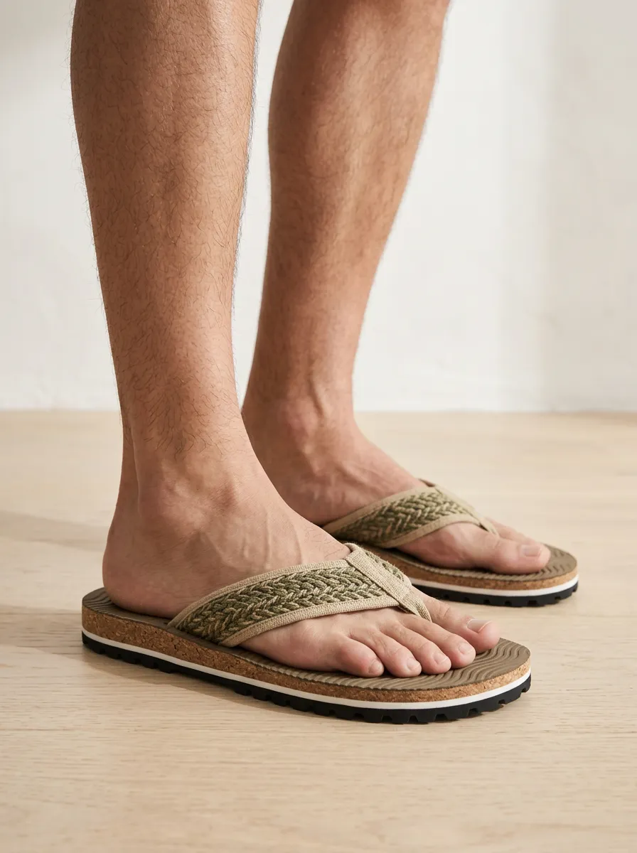 Men's Relaxed Casual Beach Woven Strap Cork Patterned Flip Flops