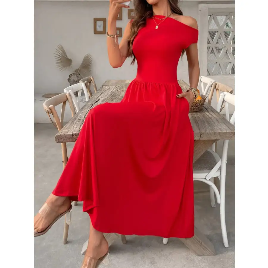 Single Shoulder Midi Dress with Pockets