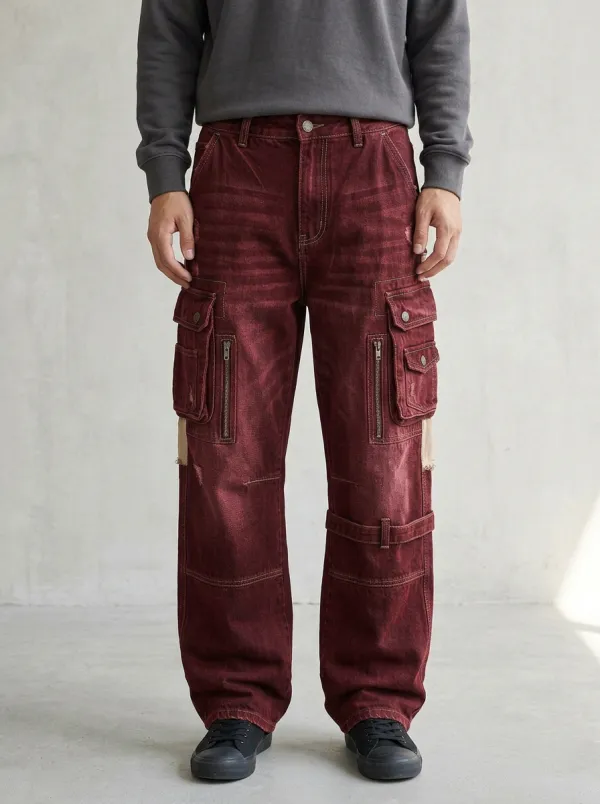 Men's Blue Distressed Multi-Pocket Cargo Strap Detail Cargo Pants