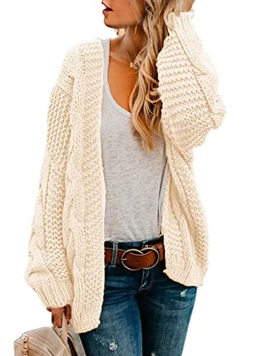 Womens Open Front Long Sleeve Chunky Knit Cardigan Sweaters Loose Outwear Coat
