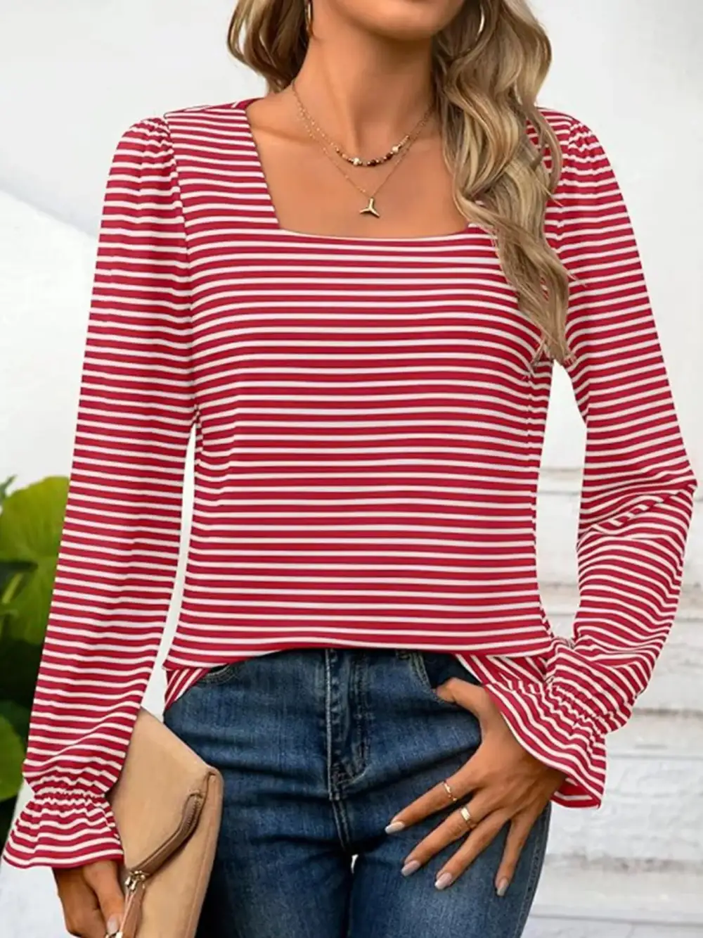 Striped Long Sleeve T-Shirt with Square Neckline