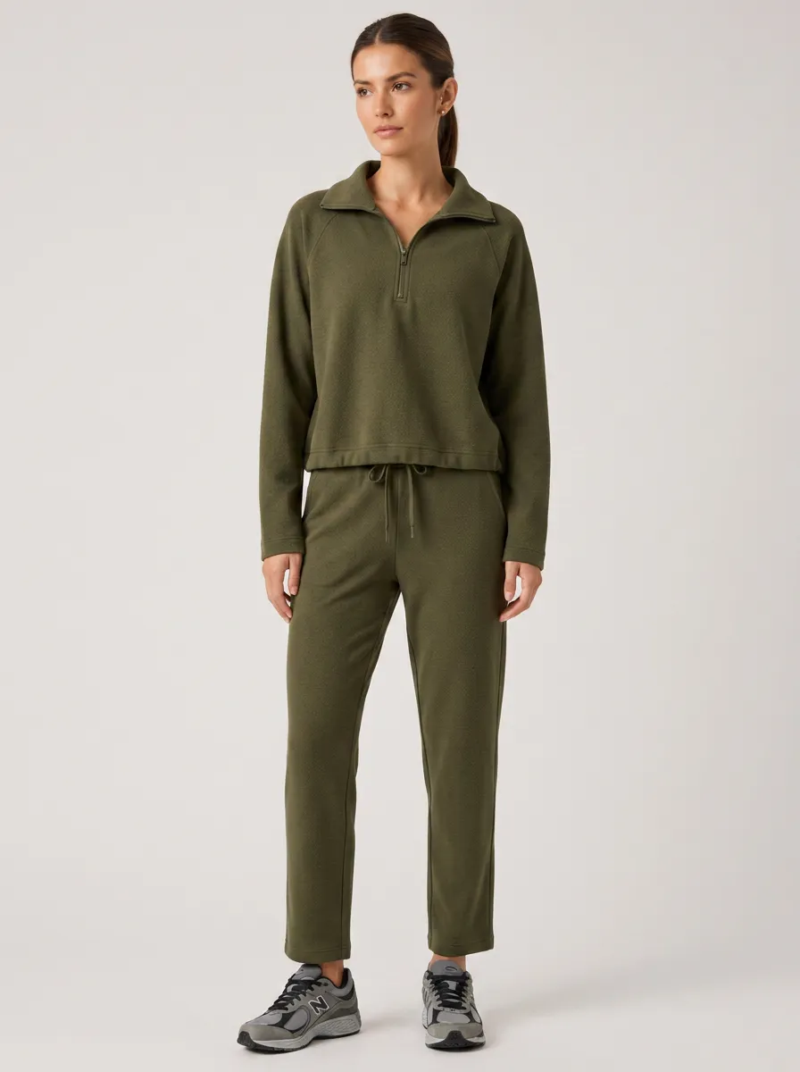 Women's Olive Green Quarter-Zip Fleece Loungewear Set