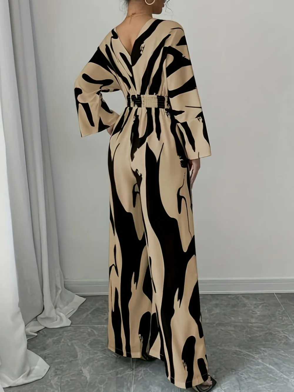 Abstract Print V Neck Wide Leg Jumpsuit