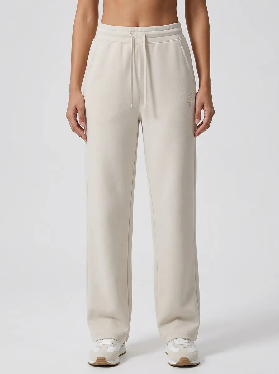 Women's Weekend Minimalist Beige Leaf Embroidered Sweatpants
