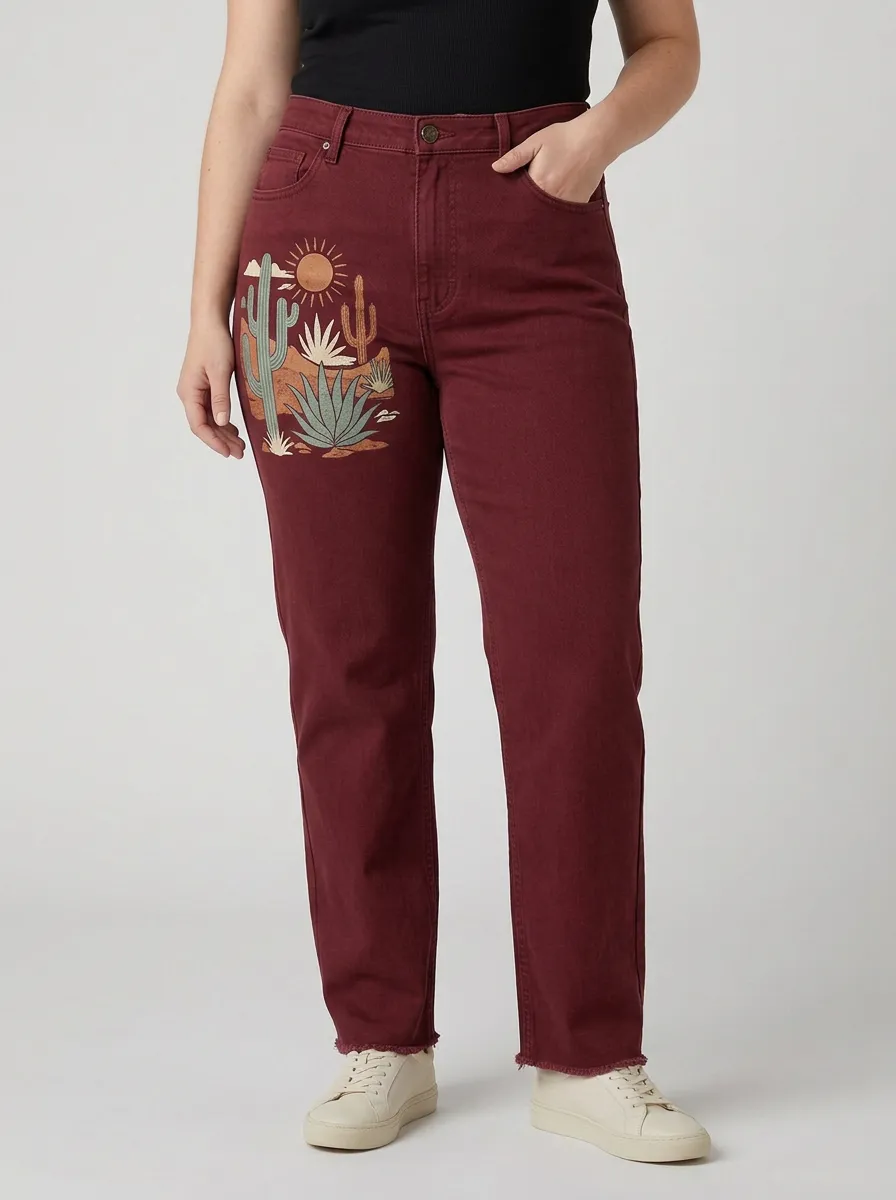 Women's Medium Wash Desert Cactus Printed Mid-Rise Straight Leg Jeans