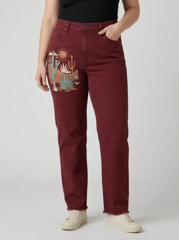 Women's Medium Wash Desert Cactus Printed Mid-Rise Straight Leg Jeans