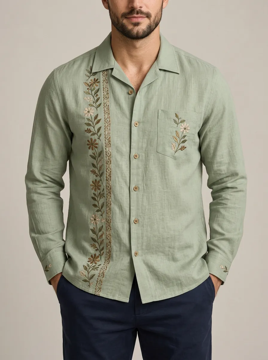 Men's Contemporary Floral Embroidered Long Sleeve Shirt