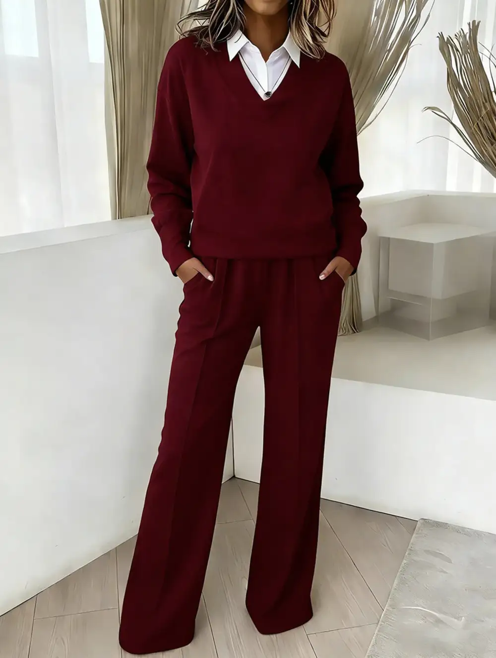 Collar Loose Top and Wide-Leg Pants Set
