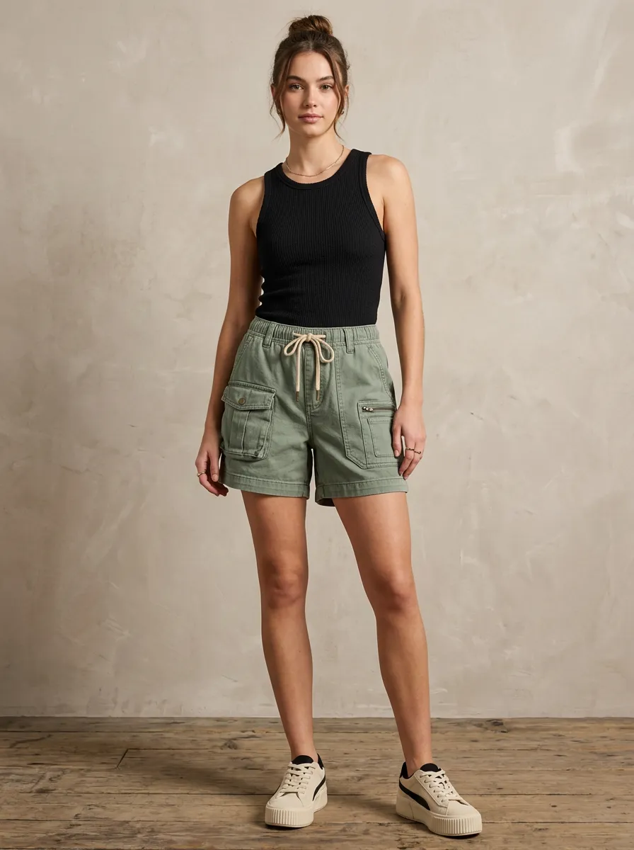 Women's Casual Olive Green Drawstring Cargo Shorts