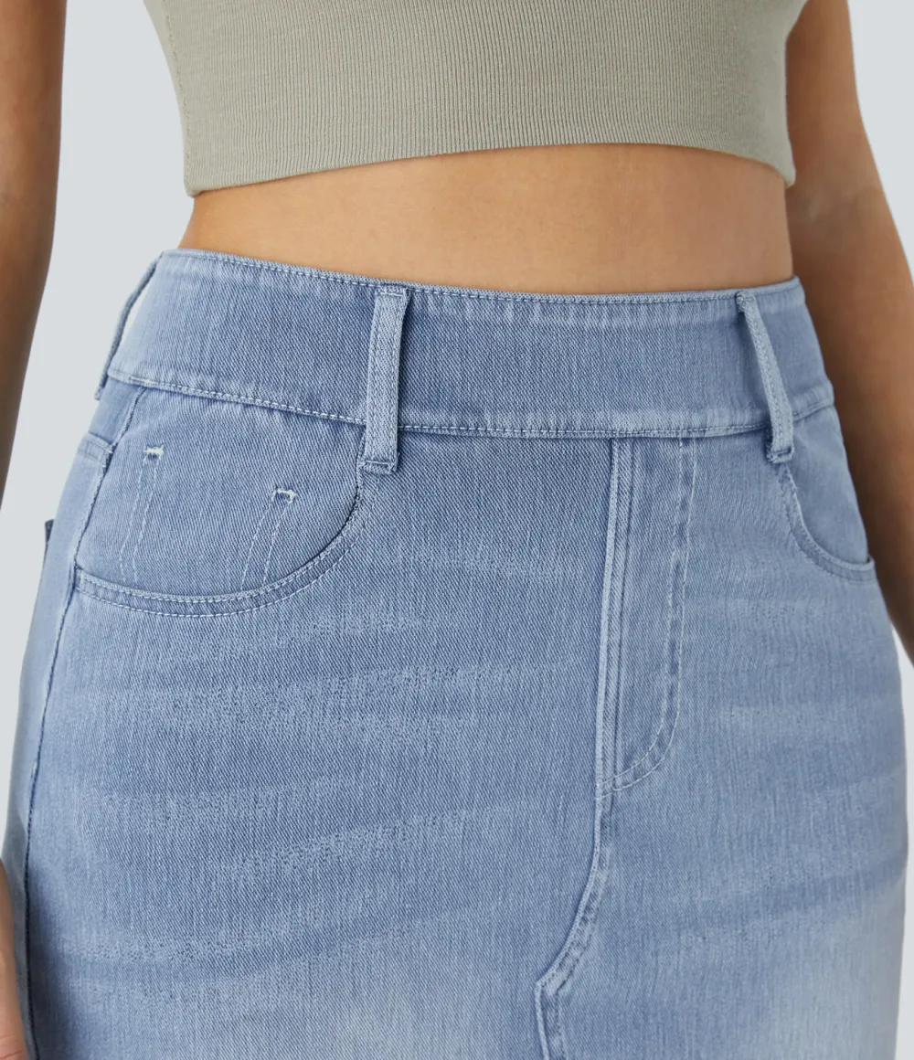Magic High Waisted Multiple Pockets Bodycon Split Washed Stretchy Knit Denim Casual Midi Skirt