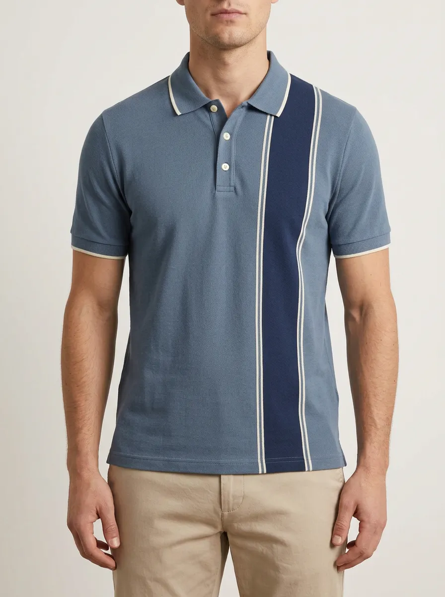 Men's Vintage Blue Left Panel Vertical Stripe Polo Shirt