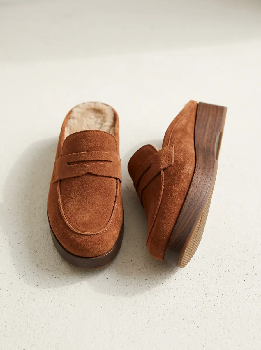 Women's Faux Fur Lined Platform Casual Suede Wood Sole Loafers