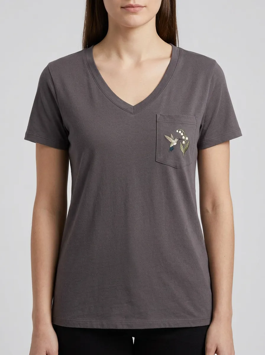 Women's Nature-Inspired Hummingbird & Lily-of-the-Valley Embroidered Pocket V-Neck T-Shirt