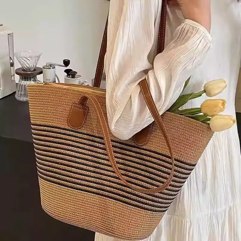 Structured Utility Straw Tote Bag