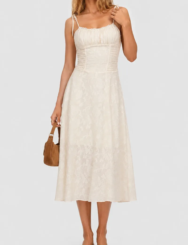 Romantic Jacquard Ruched Strap Cami Midi Dress