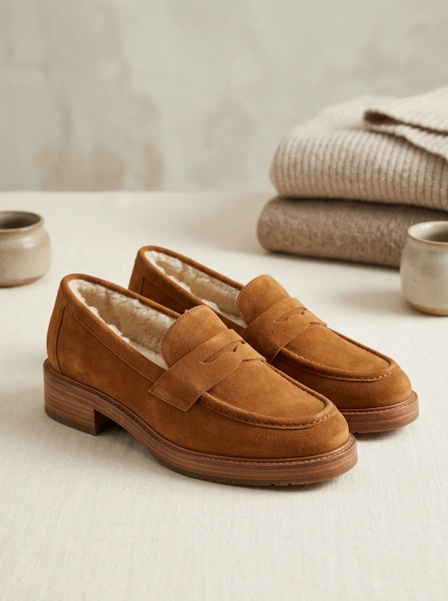 Women's Trail Faux Fur Lined Winter Suede Wood Sole Loafers