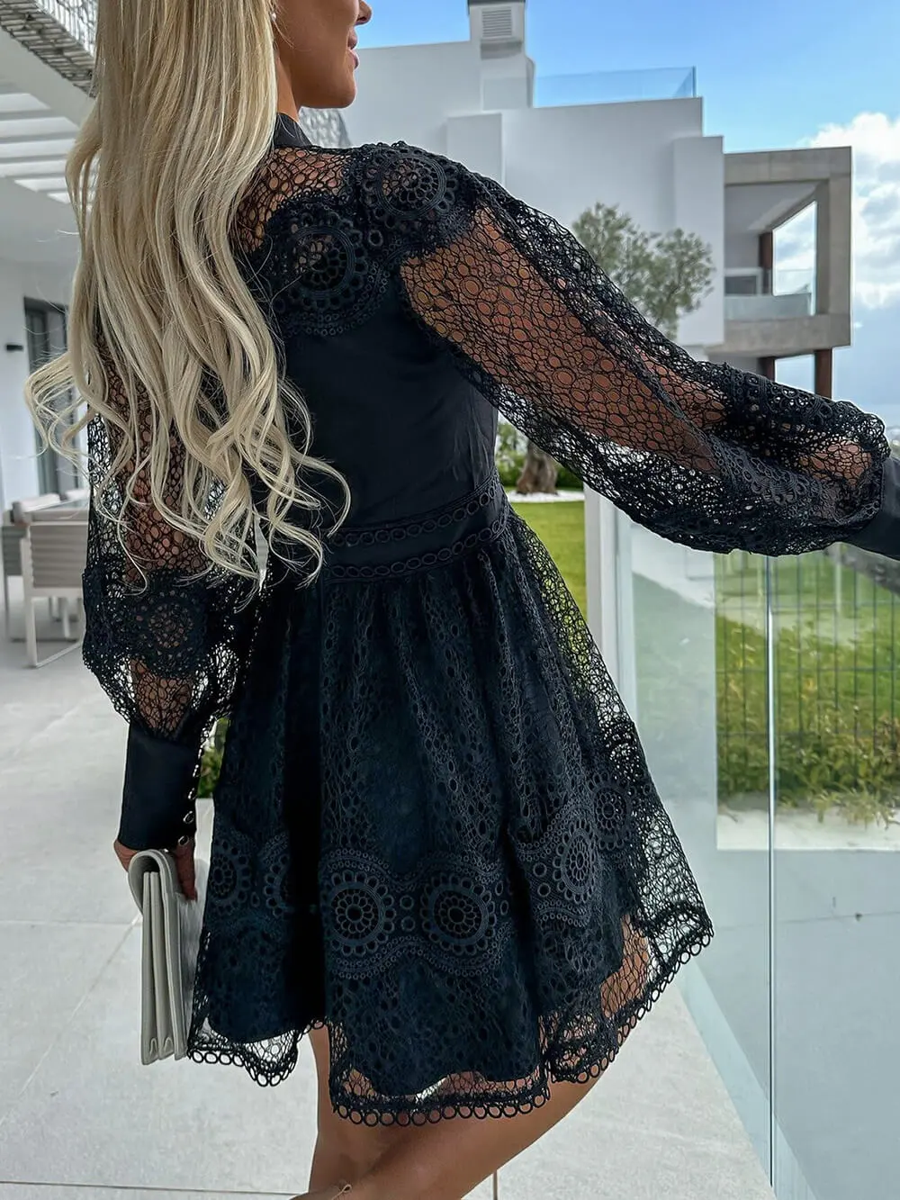 Lace Trim Long Sleeve Elegant Mini Dress