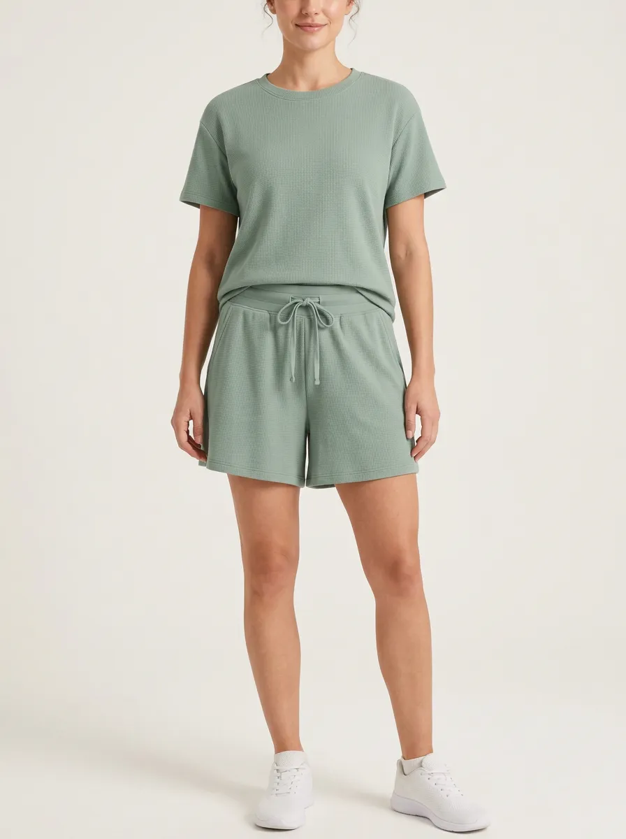 Women's Everyday Waffle Textured T-Shirt and Shorts Active Set