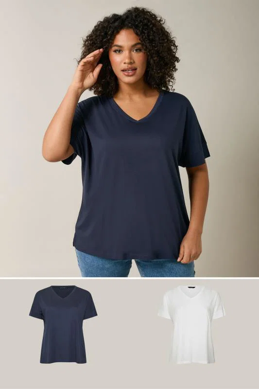 ESSENTIAL 2 PACK Curve Navy Blue & White V-Neck Modal Rich T-Shirts detail 1
