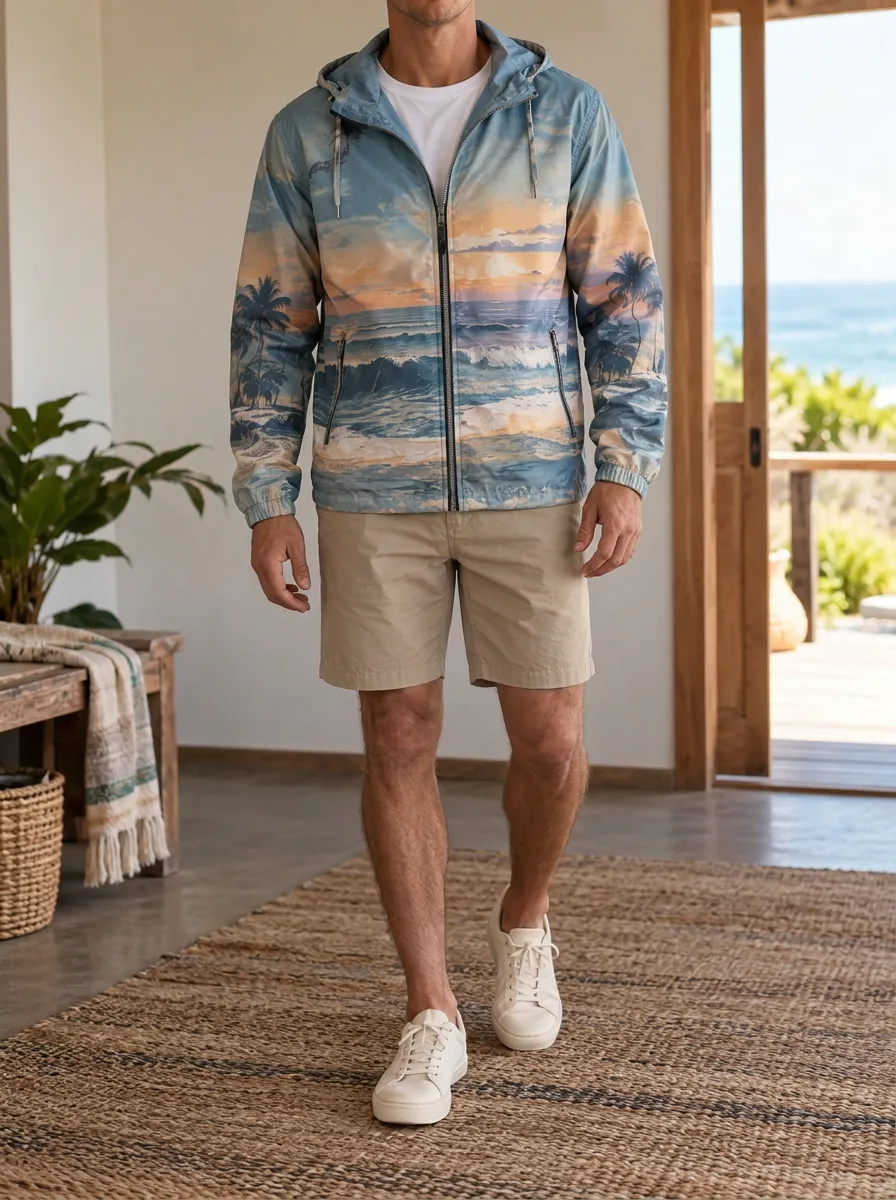 Men's Tropical Beach Sunset Palm Tree Rugged Street Hooded Jacket