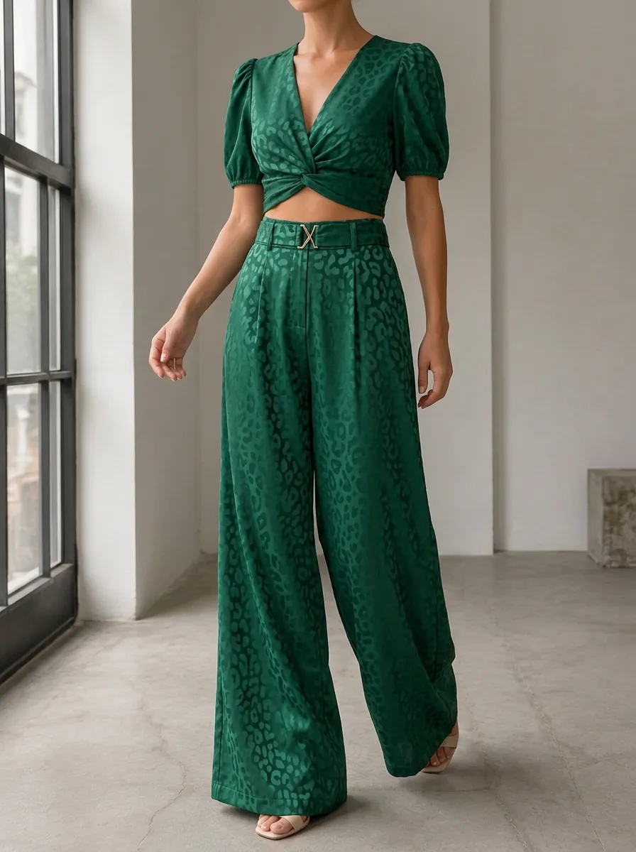 Women's Leopard Pattern Patterned Crop Wide Leg Pants Set