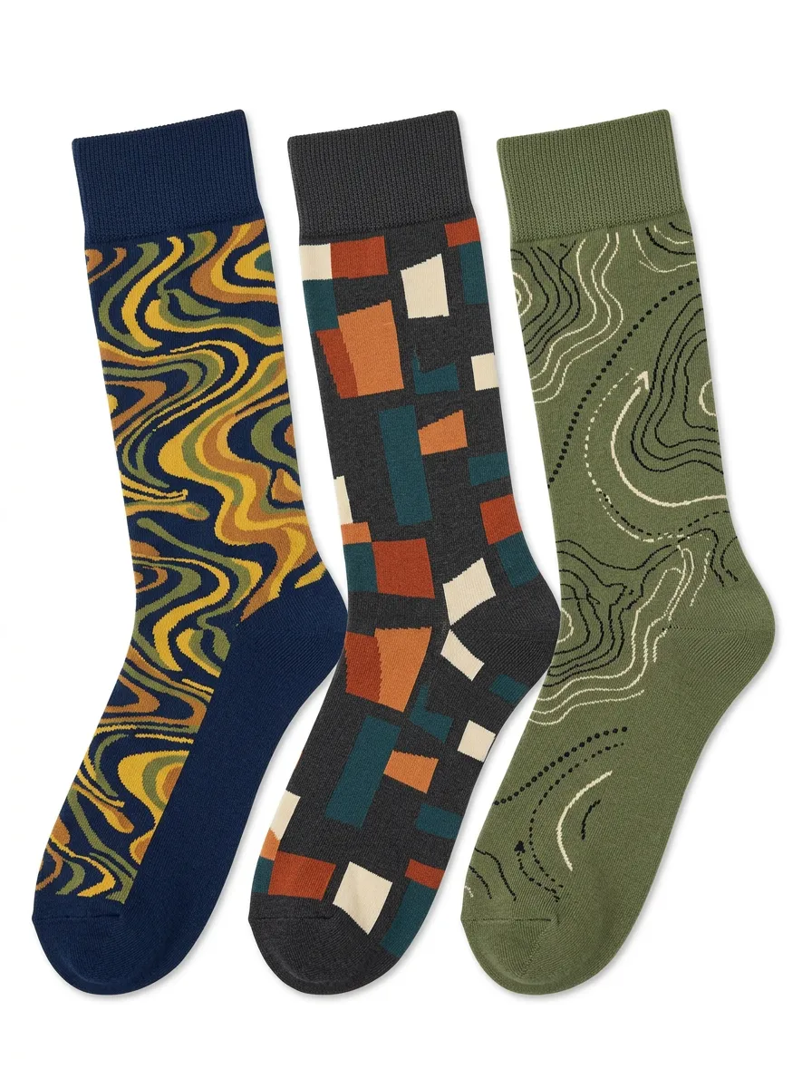 Men's Abstract Geometric Topographic Printed Three-Pack Socks — Everyday Edit