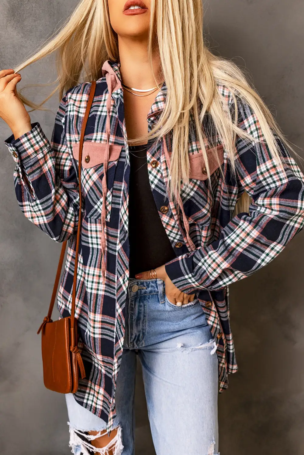 Contrast Hooded Drawstring Plaid Shirt Jacket