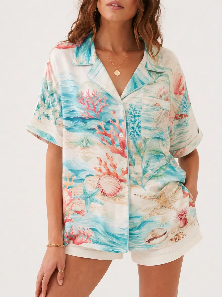 Women's Beach Ocean Coral Starfish Printed Pajama Shirt