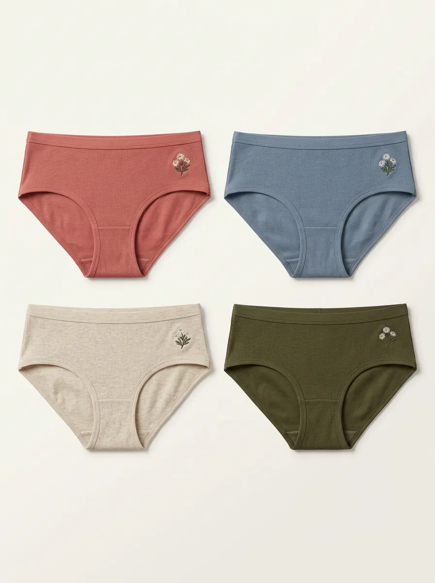 Women's Four-Pair Daisy-Embroidered Wide-Waist Full-Coverage Brief Set
