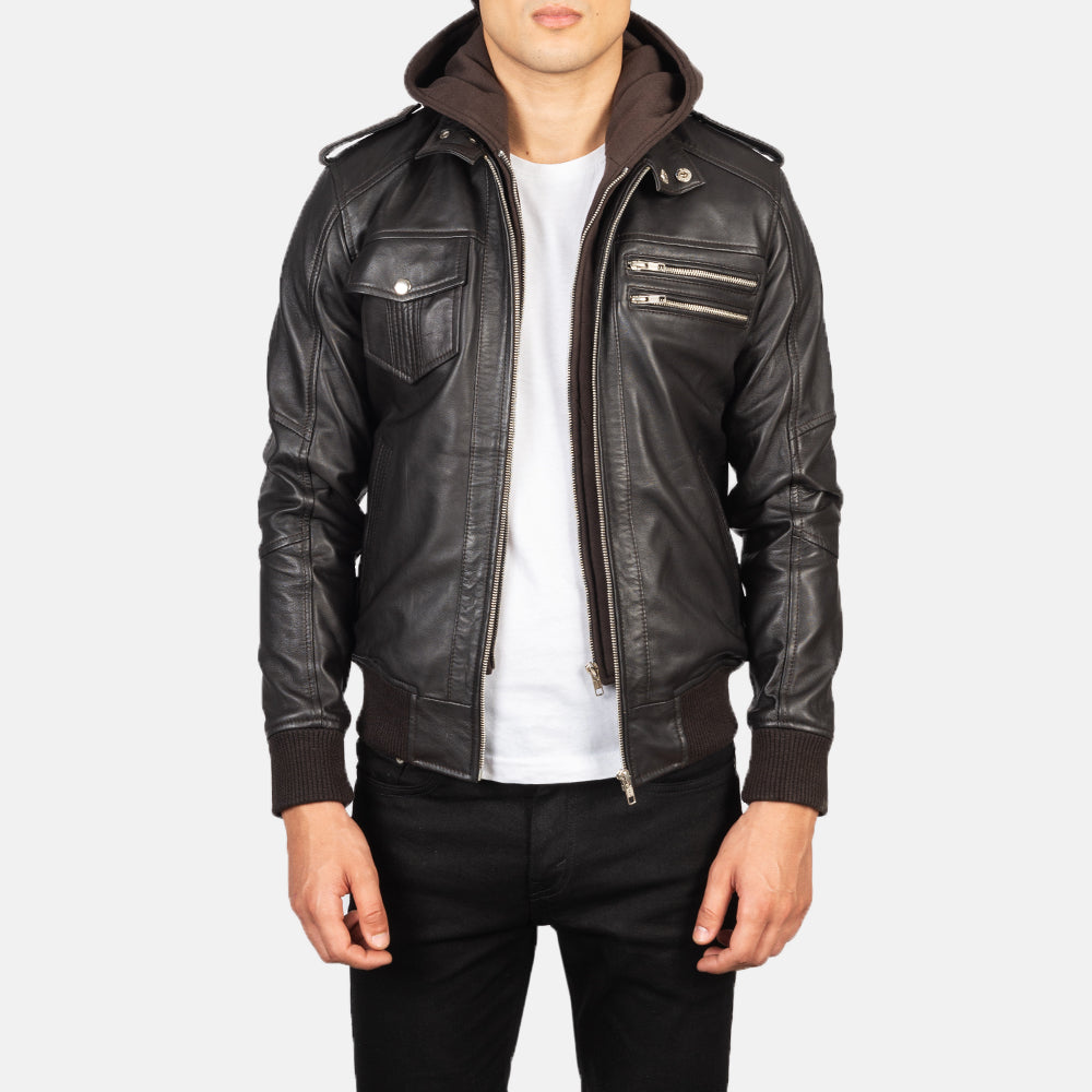 Men's Rugged Bomber Hooded Leather Jacket