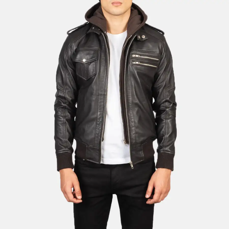 Men's Rugged Bomber Hooded Leather Jacket