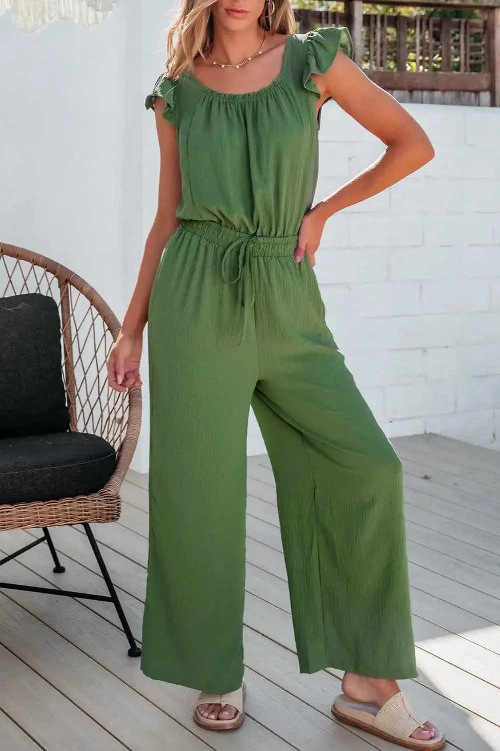 Ruffled Cap Sleeve Wide Leg Jumpsuit Accessory