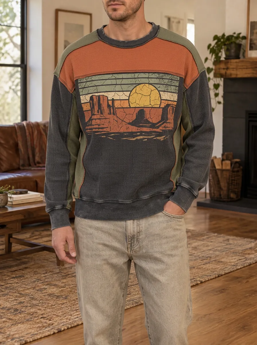 Men's Multicolor Graphic Printed Waffle Crewneck Sweatshirt