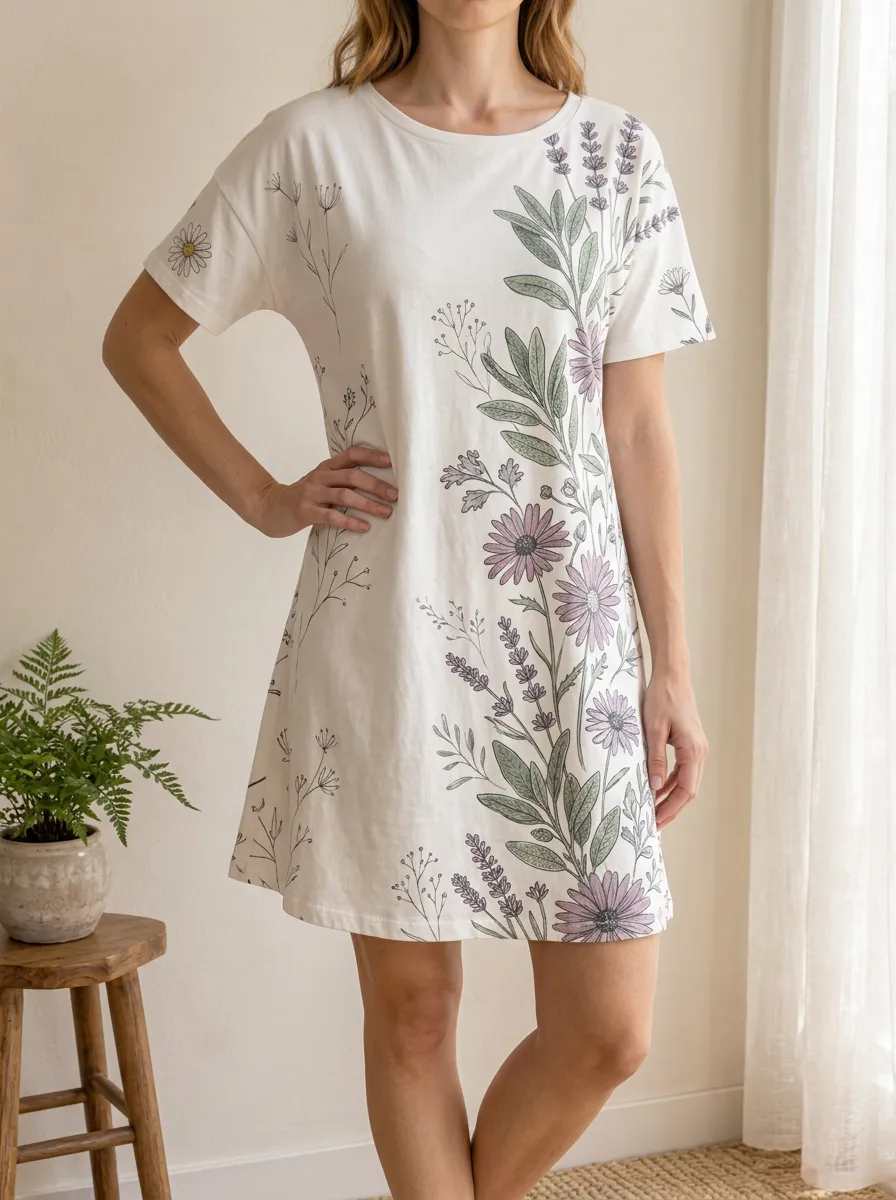 Women's Botanical Lover Lavender Daisy Printed T-shirt Dress