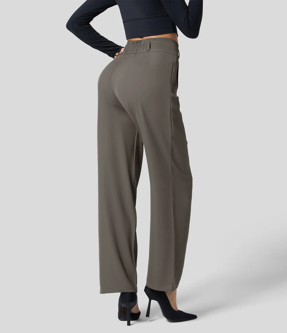 High Waisted Button Zipper Plicated Side Pocket Shirred Straight Leg Work Pants