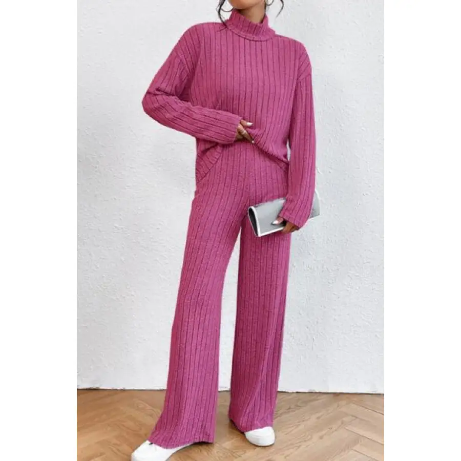 Mock Neck Dropped Shoulder Top and Pants Set