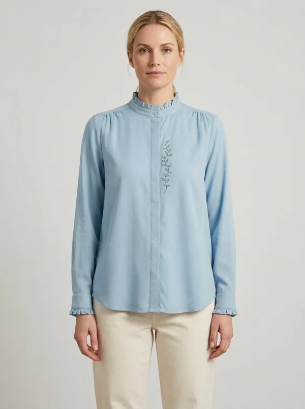 Women's Vine-Embroidered Ruffle-Collar Concealed-Placket Shirt
