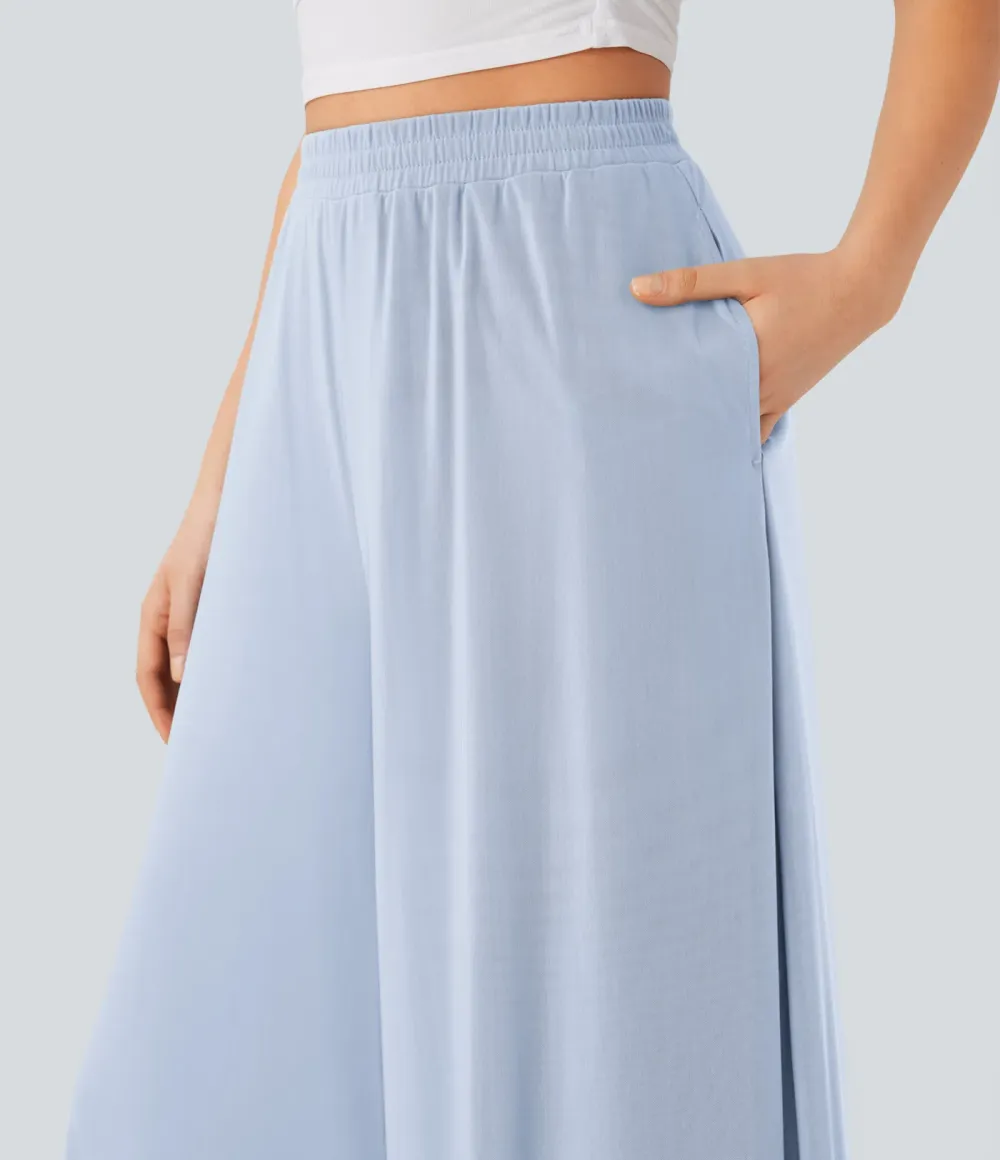 High Waisted Pocket Mesh Overlay Wide Leg Casual Pants