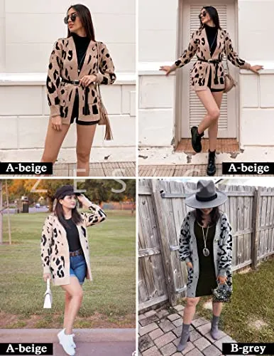 Women's Long Sleeves Open Front Leopard Print Knitted Sweater Cardigan Coat Outwear
