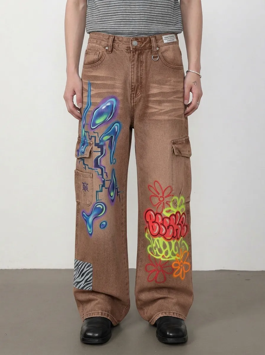 Men's Streetwear Graffiti Flower Liquid Graphic Cargo Jeans