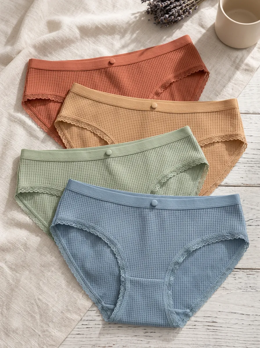 Women's Waffle Knit Lace Trim Button Decorated Panties Set