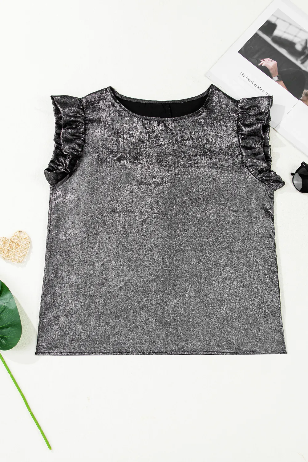 Silvery Metallic Round Neck Ruffle Top