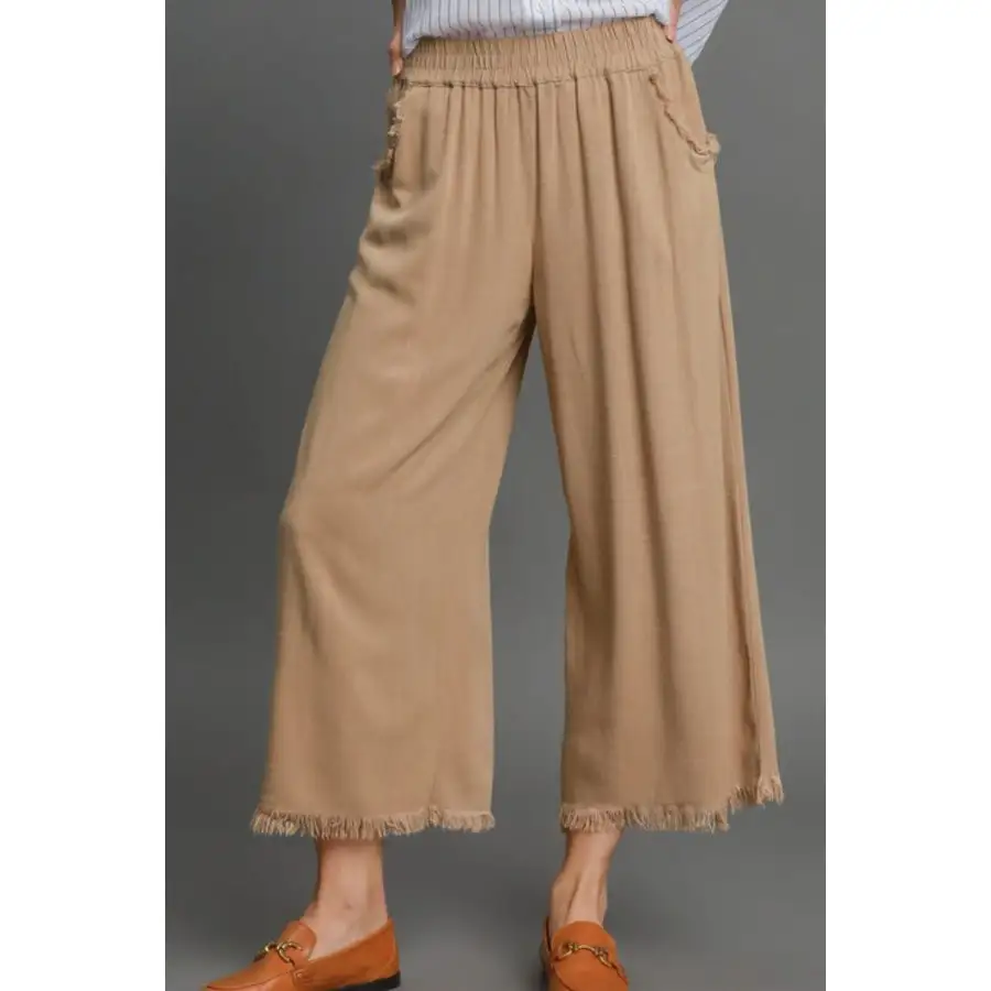 Full Size Linen Blend Elastic Waistband Wide Leg Pants Plus Size