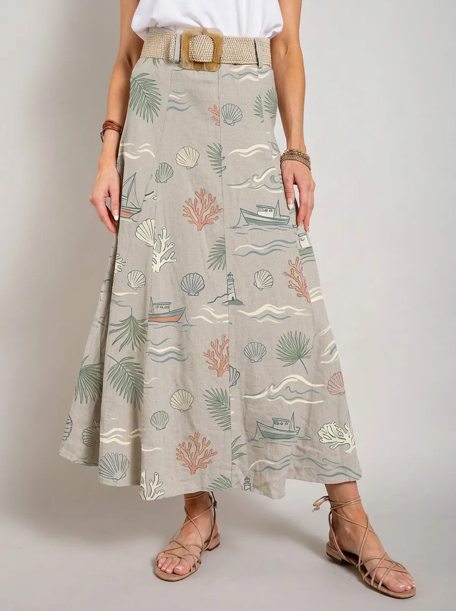 Women's Coastal Beach Lover Nautical Seashell Printed Midi Skirt