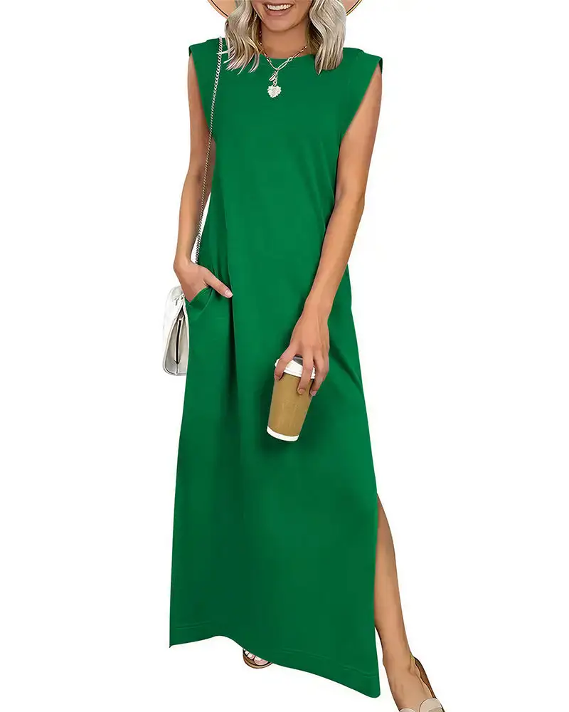 Casual Sleeveless Split Maxi Dress With Pockets
