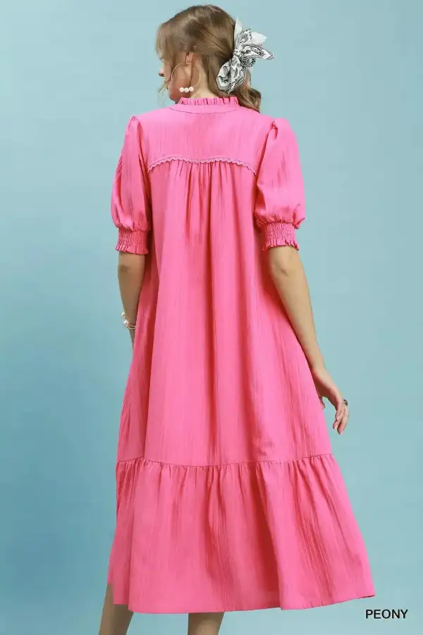 Textured Puff Sleeve Midi Dress