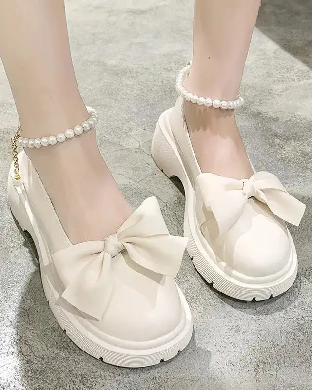 Pearl-Detail Chain-Detail Platform Flats