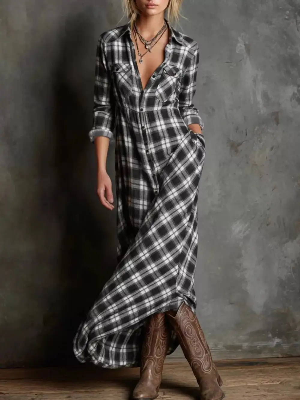Drape Plaid Button Front Maxi Dress