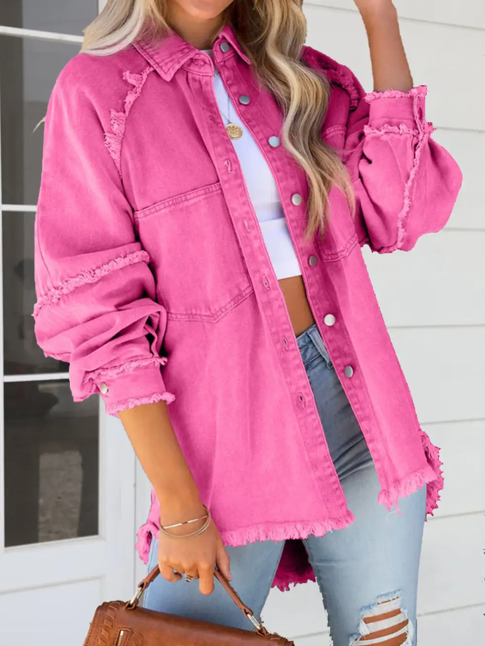 Button-down Raw-hem Denim Jacket