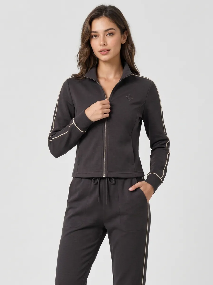 Women's Brown Athletic Piping Detail Zip-up Tracksuit Set